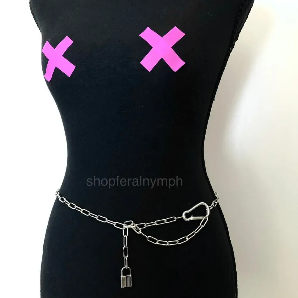 Vintage Y2K Cyberpunk Silver Padlock Chain Belt, Fits Up to 37 Inches, X7GA1226